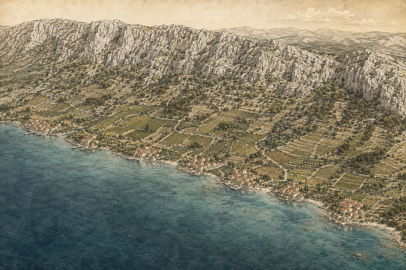 An artist’s bird’s-eye interpretation of Kaštela: seven limestone villages, terraced vineyards, Kozjak ridge, and the Adriatic Sea.